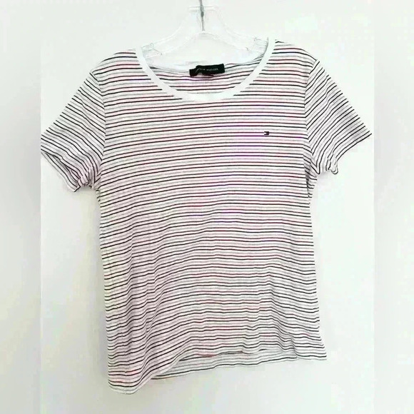 Tommy Hilfiger Women's Striped Crewneck Tee Shirt White Multi Stripes Large - Picture 2 of 5